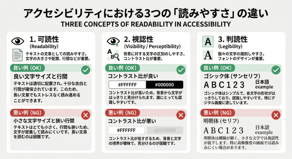 3概念の違いを示す図
可読性: 文字サイズと行間の良い例/悪い例
視認性: コントラスト比の良い例/悪い例
判読性: フォント選択の比較(明朝体 vs ゴシック体)