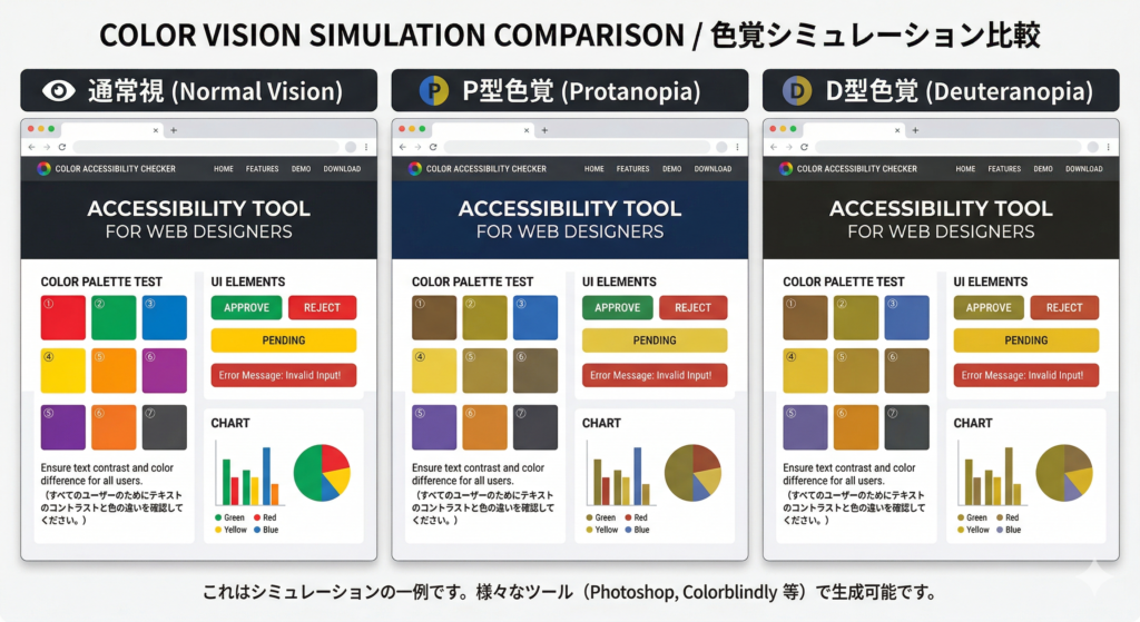 P型・D型色覚シミュレーション比較画像 同じWebページを「通常」「P型色覚」「D型色覚」の3パターンで並べた比較図