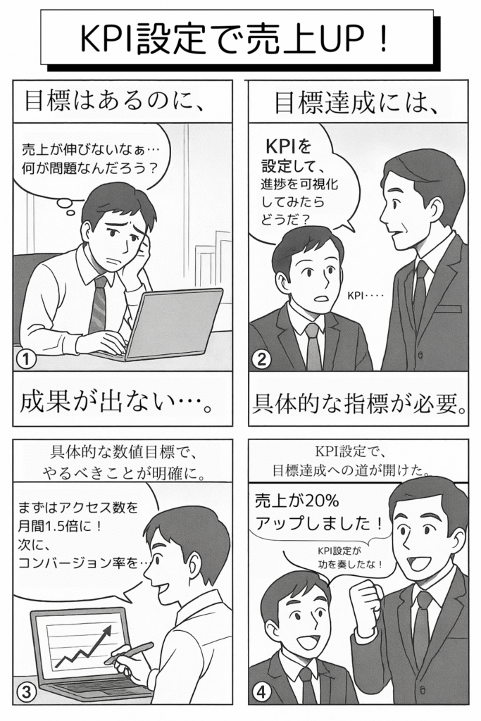 「売上UPに繋がるKPI目標設定例：主要KPIと目標達成のための施策事例を紹介」を要約した4コマ漫画。
1コマ：
担当者：「売上が伸びないなぁ…何が問題なんだろう？」
ナレーション： 目標はあるのに、成果が出ない…。
2コマ：
上司：「KPIを設定して、進捗を可視化してみたらどうだ？」 担当者：「KPI…？」
ナレーション： 目標達成には、具体的な指標が必要。
3コマ：
担当者：「まずはアクセス数を月間1.5倍に！次にコンバージョン率を…」
ナレーション： 具体的な数値目標で、やるべきことが明確に。
4コマ：
担当者：「売上が20%アップしました！」 上司：「KPI設定が功を奏したな！」
ナレーション： KPI設定で、目標達成への道が開けた。