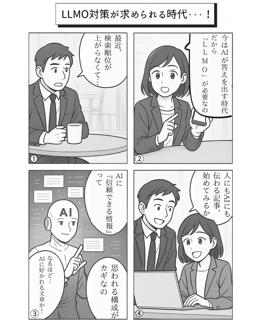 検索順位が上がらないと悩む会社員が、AI時代に必要なLLMO対策について同僚から学ぶ4コマイラスト