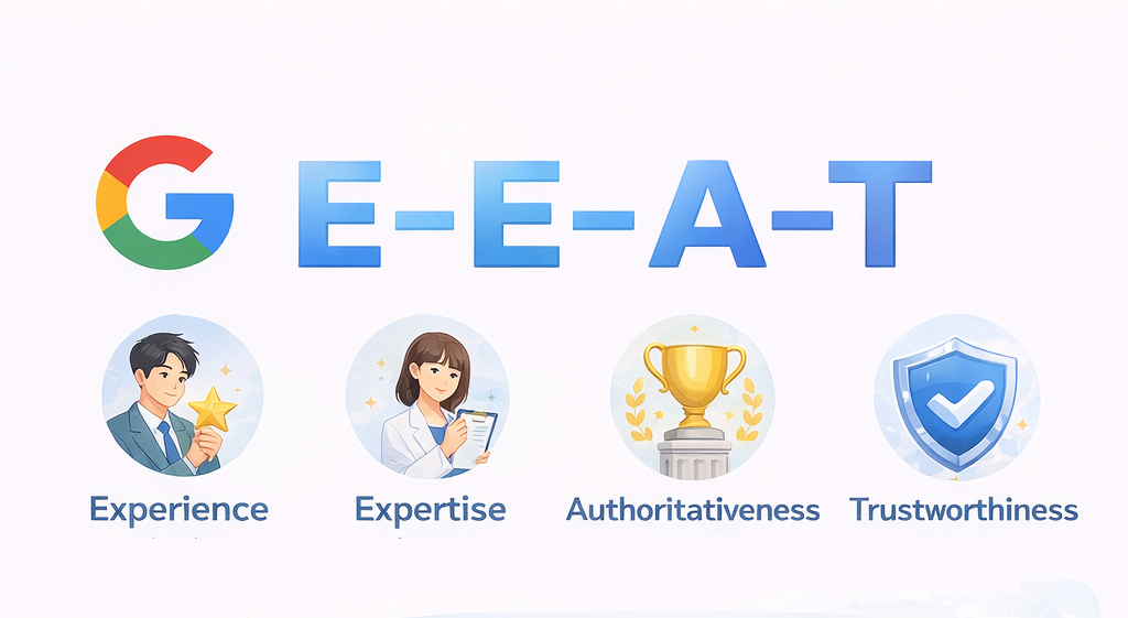 E-E-A-T（Experience, Expertise, Authoritativeness, Trustworthiness：経験、専門性、権威性、信頼性）の説明図