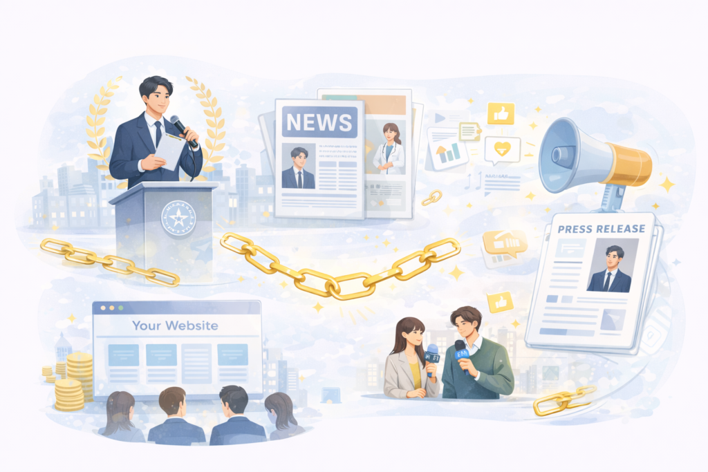 業界団体やメディアへの寄稿、プレスリリースの配信のイメージ。