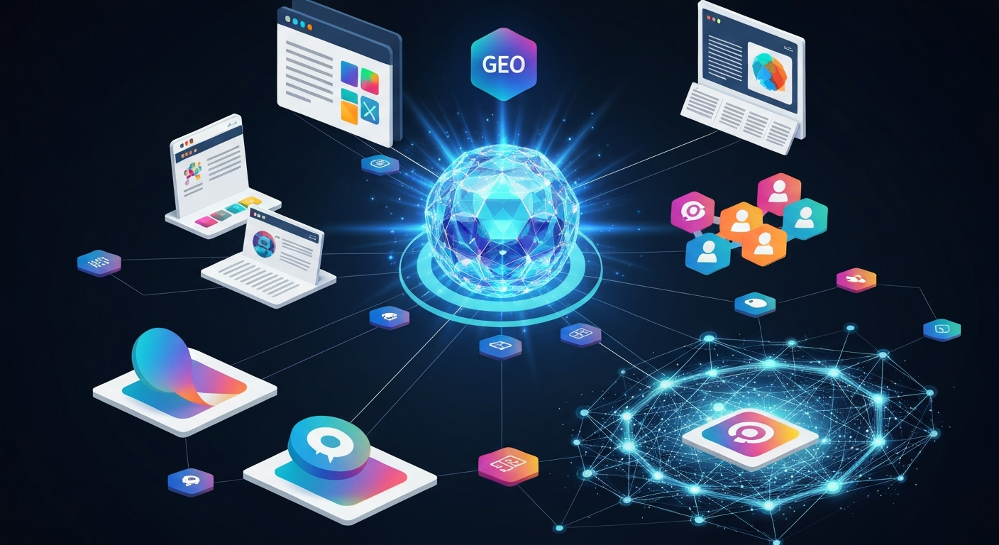 GEOの概念図。AI検索エンジンを中心に、ウェブサイト、ソーシャルメディア、ナレッジグラフが連携している