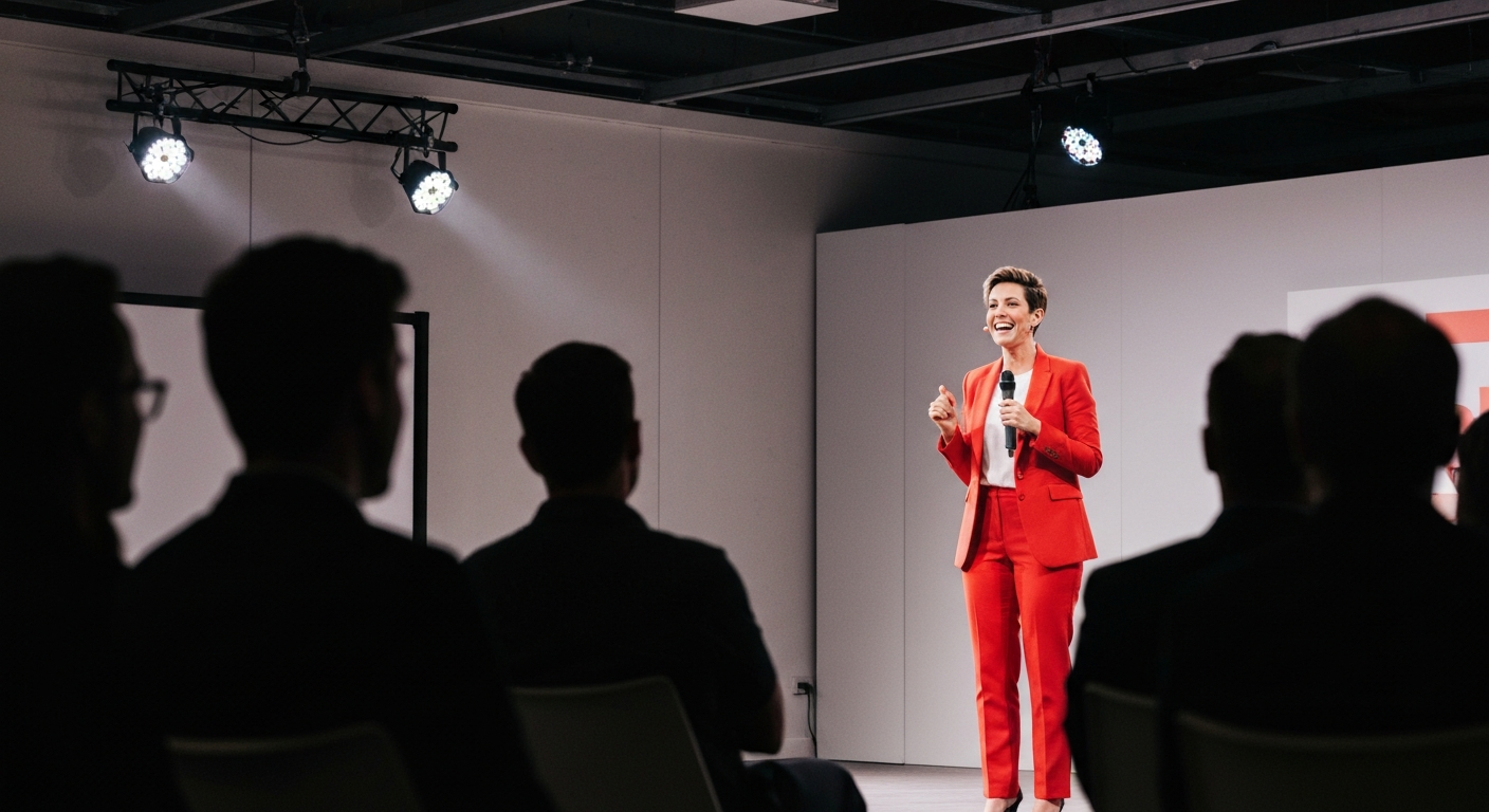 業界イベントで講演する人のイメージ