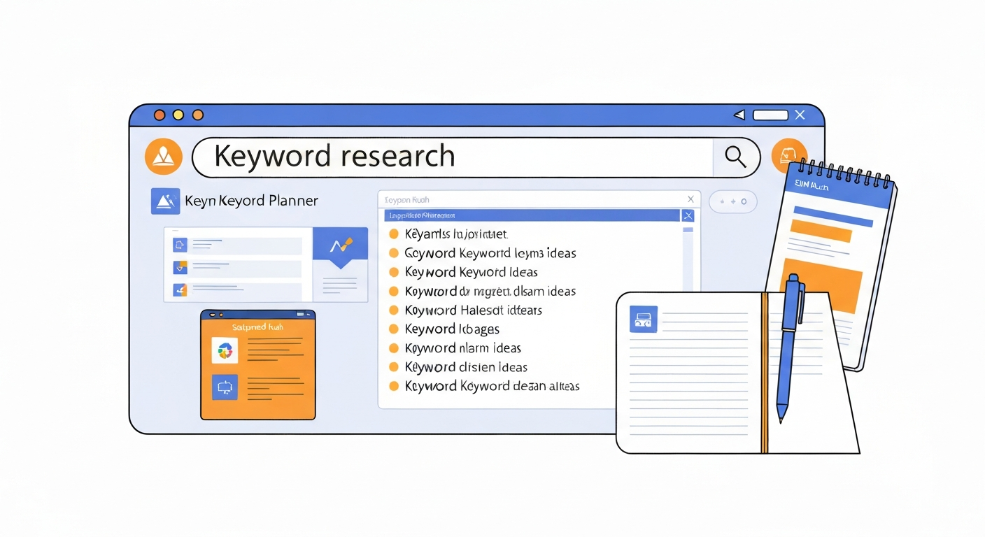 キーワード選定のプロセスを示すイラスト。キーワードリサーチツール、検索窓、アイデアを書き出すノートなどが描かれている