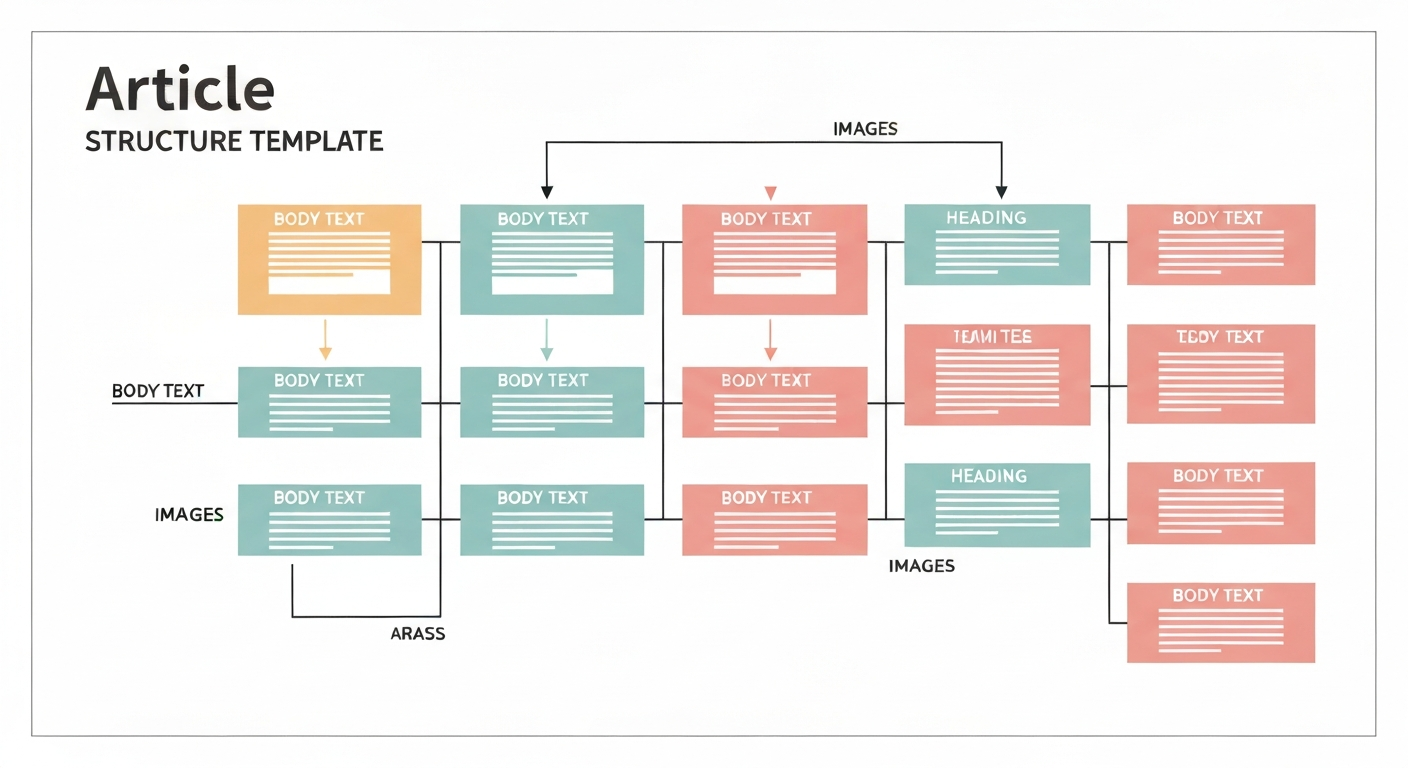 記事構成のテンプレートを示すイラスト。見出し、本文、画像などが配置されたレイアウト