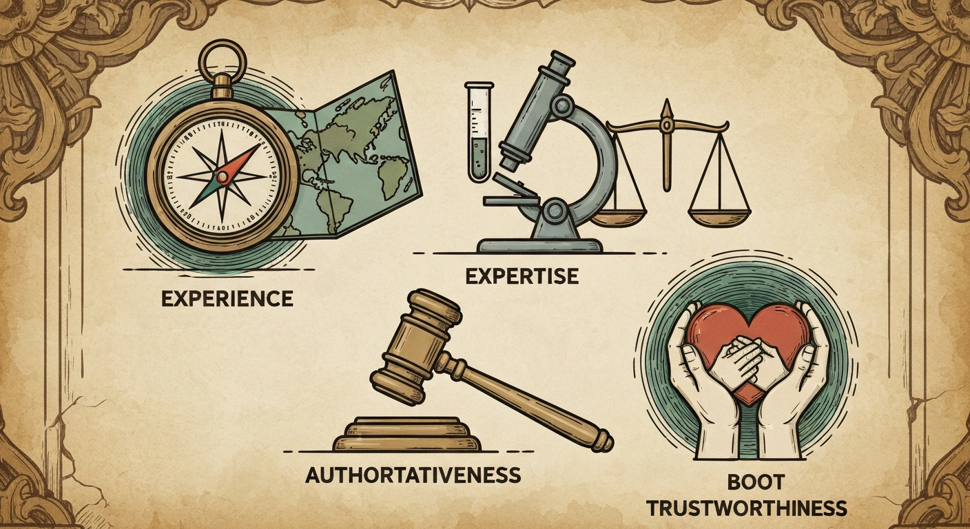 E-E-A-Tの要素を示すイラスト。経験（Experience）、専門性（Expertise）、権威性（Authoritativeness）、信頼性（Trustworthiness）が描かれている