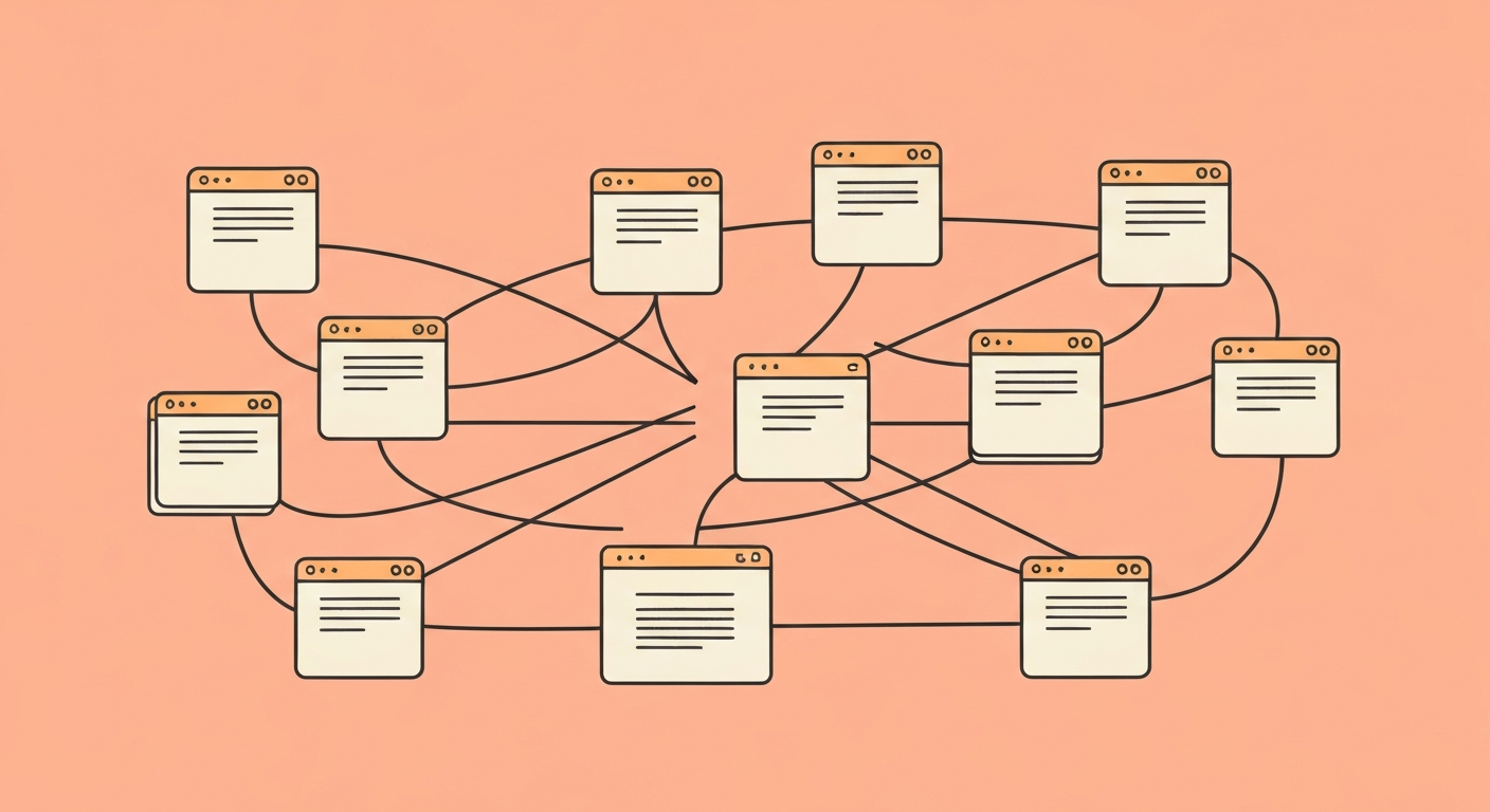 内部リンクを示すイラスト。ウェブサイトのページ同士が線で繋がっている様子