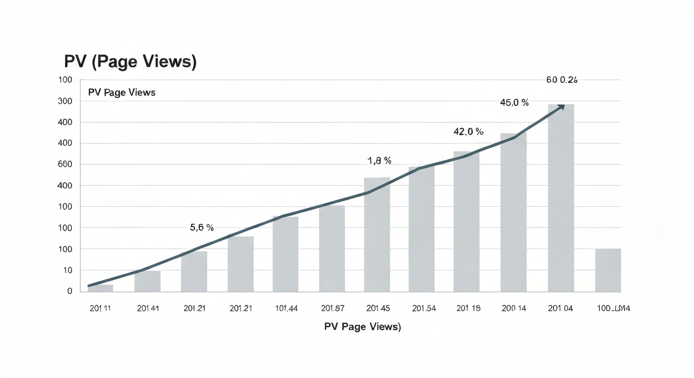 ブログの成長を示すグラフ。時間経過とともにPV数が増加している様子