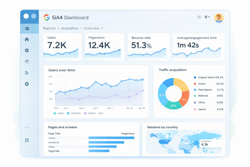 GA4ダッシュボードのイメージ図（スクリーンショット風イラスト）