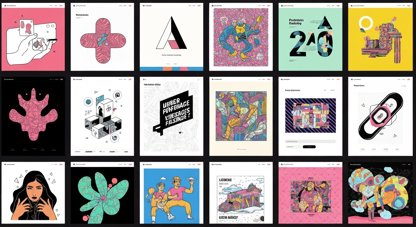 様々なWebサイトのポートフォリオが並んでいるイメージ。カラフルで多様なデザインを表現。