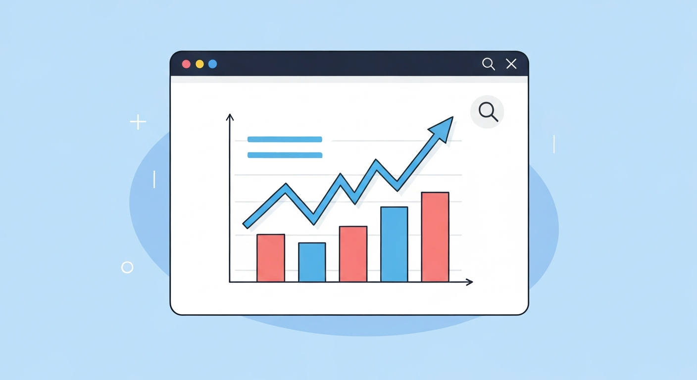検索エンジンのランキングで上位表示されているWebサイトのイメージ。グラフが右肩上がりになっている。
