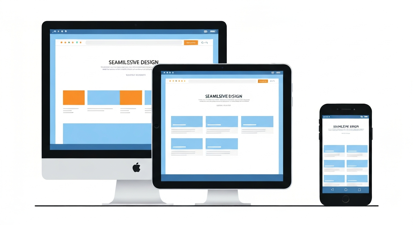 様々なデバイス（PC、タブレット、スマートフォン）でWebサイトが表示されているイメージ。