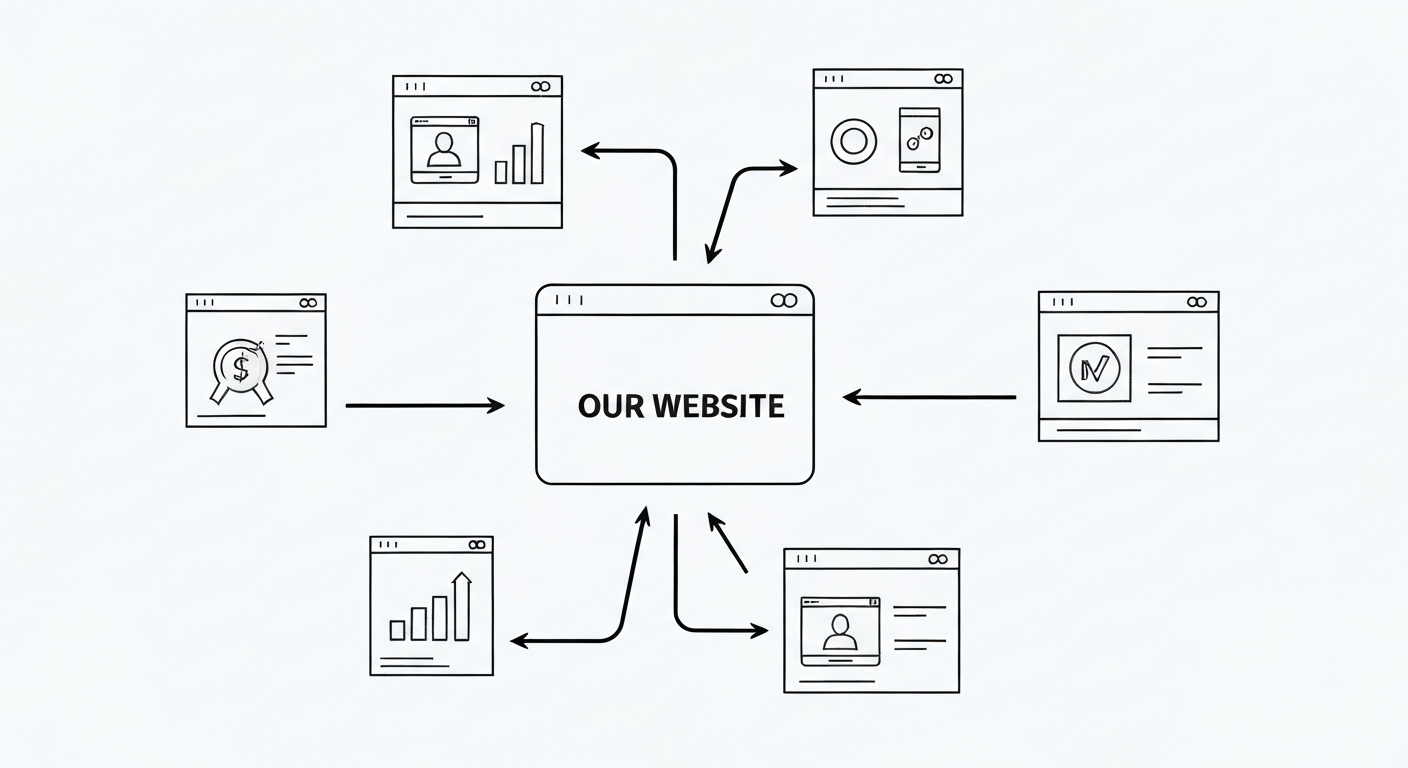 競合サイト分析の概念図。複数のウェブサイトが矢印で繋がっており、中央に「自社サイト」と書かれたウェブサイトがある
