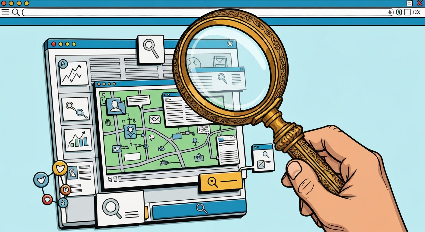 キーワード戦略を分析している様子。虫眼鏡でウェブサイトを調べている