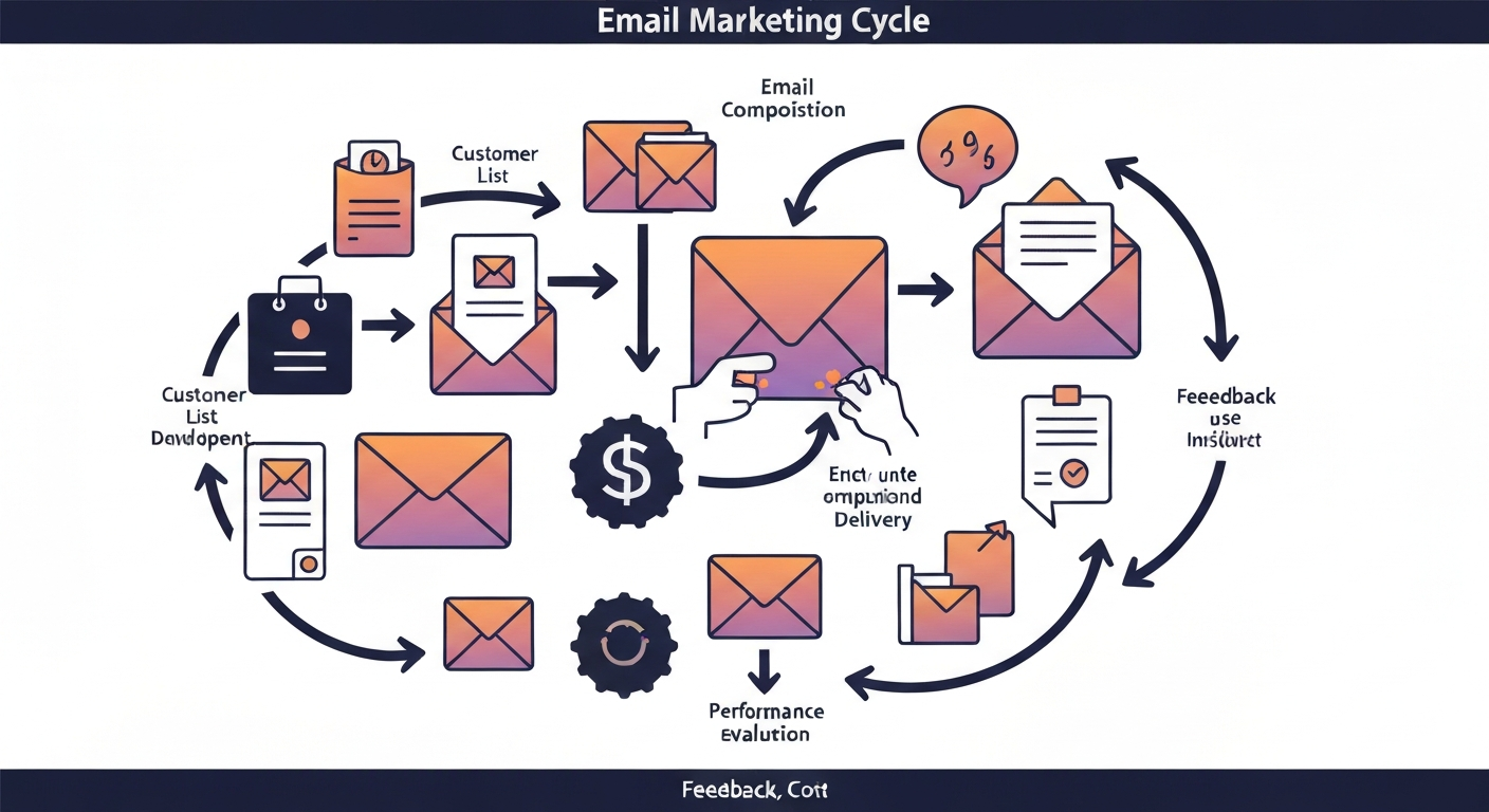 メールマーケティングの概念図。顧客リスト、メール作成、配信、効果測定のサイクルを示す