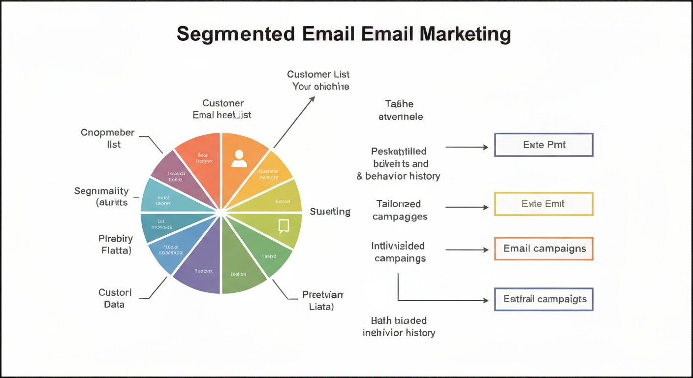 セグメント配信のイメージ図。顧客リストを属性や行動履歴で分類し、それぞれに最適化されたメールを配信する