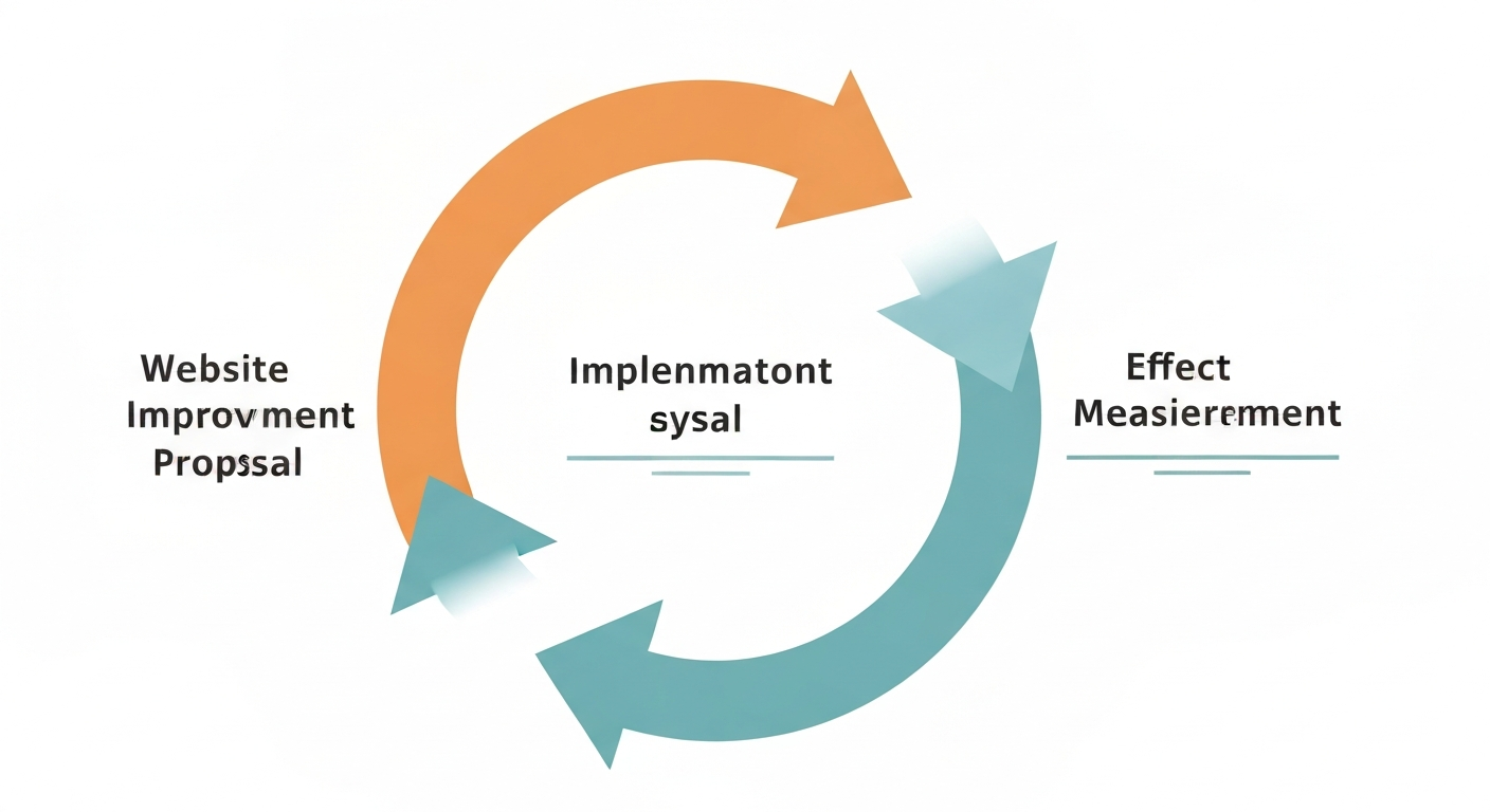 Webサイトの改善サイクルを表す図。改善提案、実装、効果測定の3つのフェーズが矢印で繋がっている