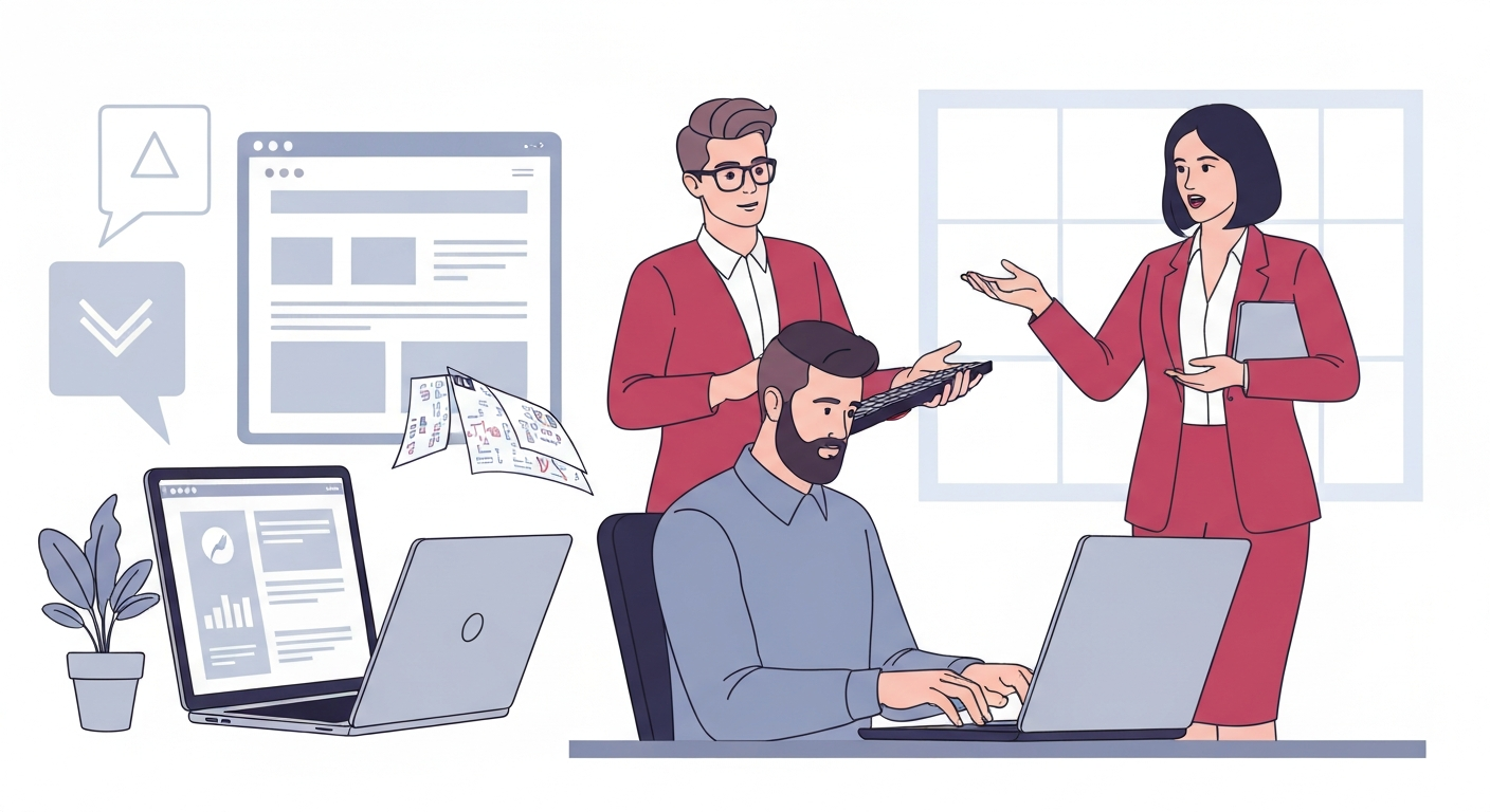 Webデザイナー、コーダー、マーケターが協力してWebサイトを改善している様子