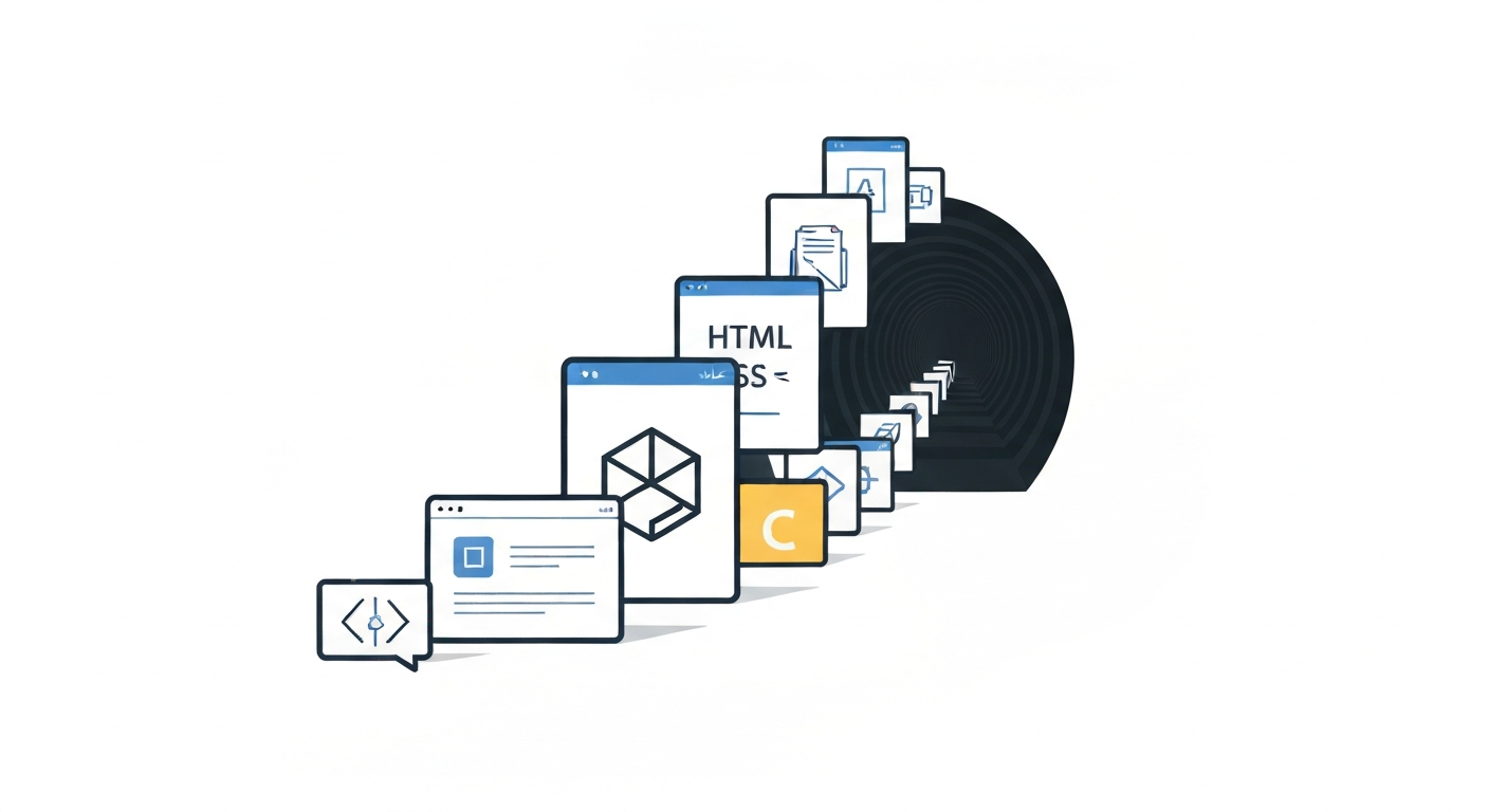 Webサイト制作スキルを示すアイコンが並び、その先に暗いトンネルが続いているイラスト