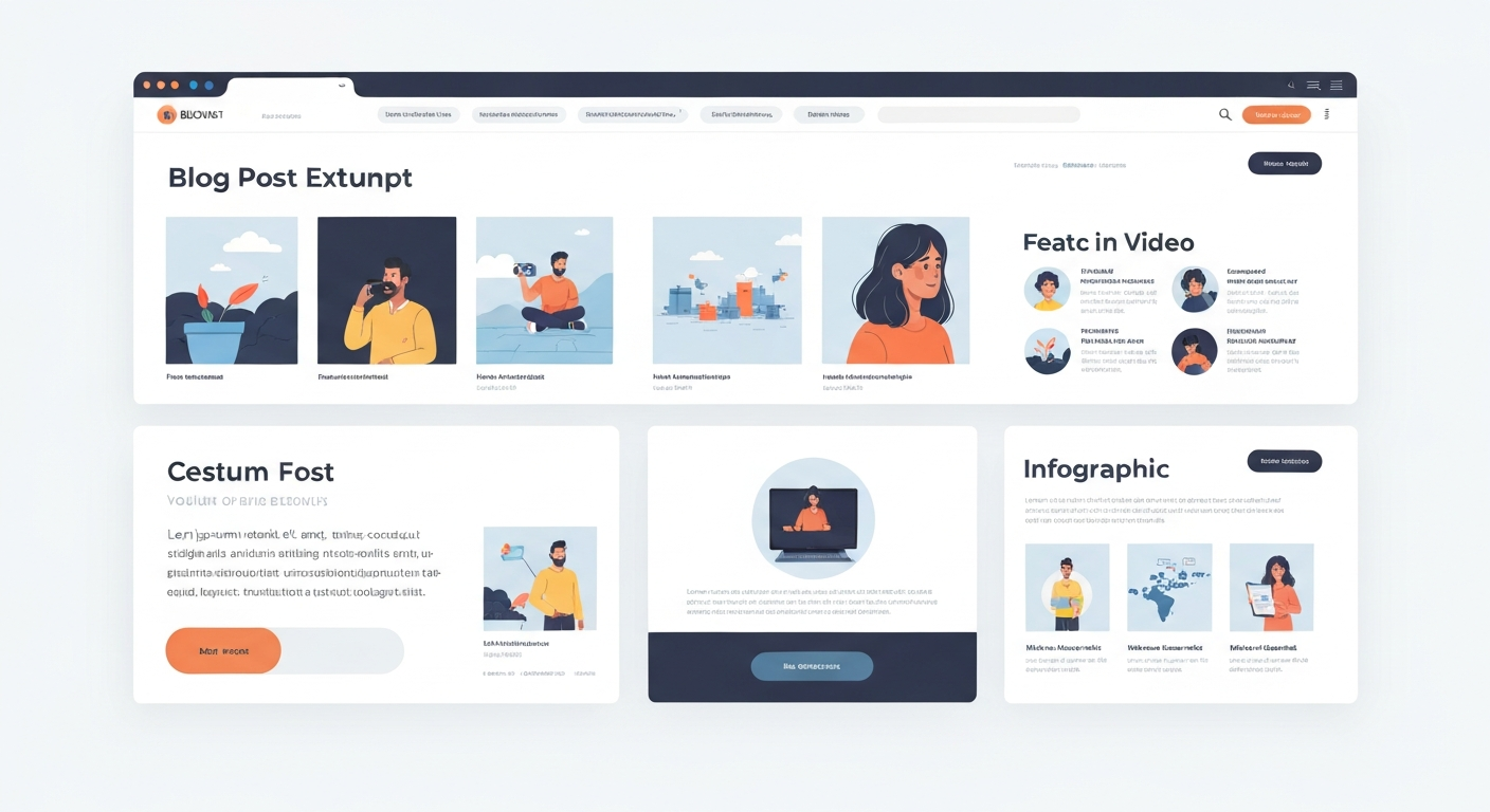 様々な形式のコンテンツ(ブログ記事、動画、インフォグラフィックなど)で構成されたWebページを示すイラスト
