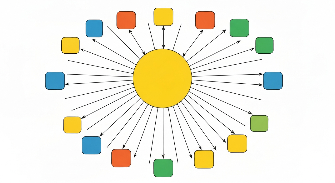 ウェブサイトの内部リンク構造を示す図。ハブとなるページから複数の関連ページにリンクが繋がっている様子