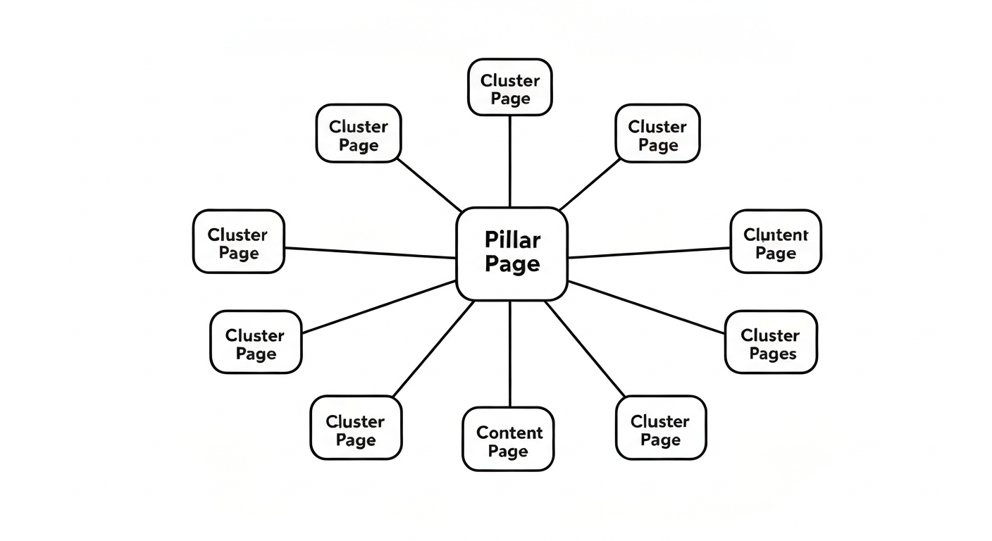 ピラーページとクラスターコンテンツの関係を示す図。ピラーページを中心に、複数のクラスターコンテンツが放射状に繋がっている様子