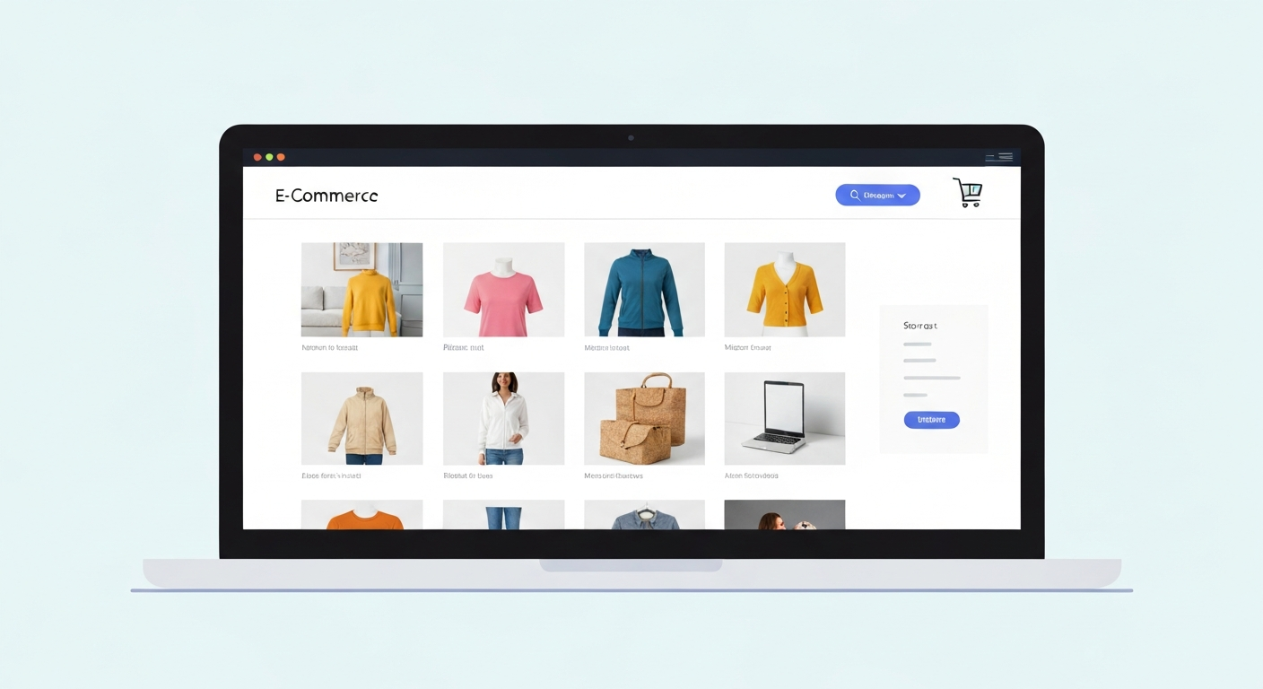 ECサイトが表示されたノートパソコンのイラスト。