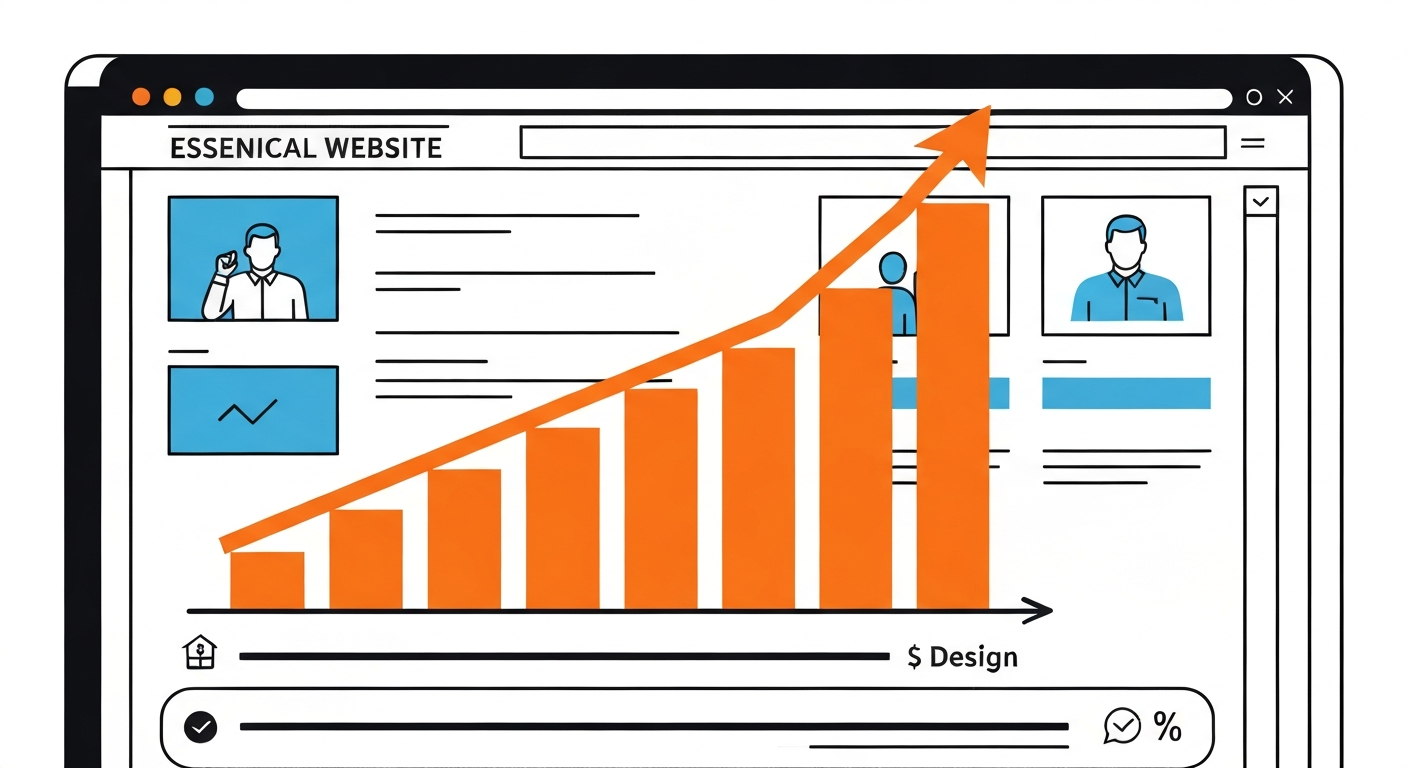グラフとウェブサイトのイラスト。ウェブサイト関連費の重要性を示す