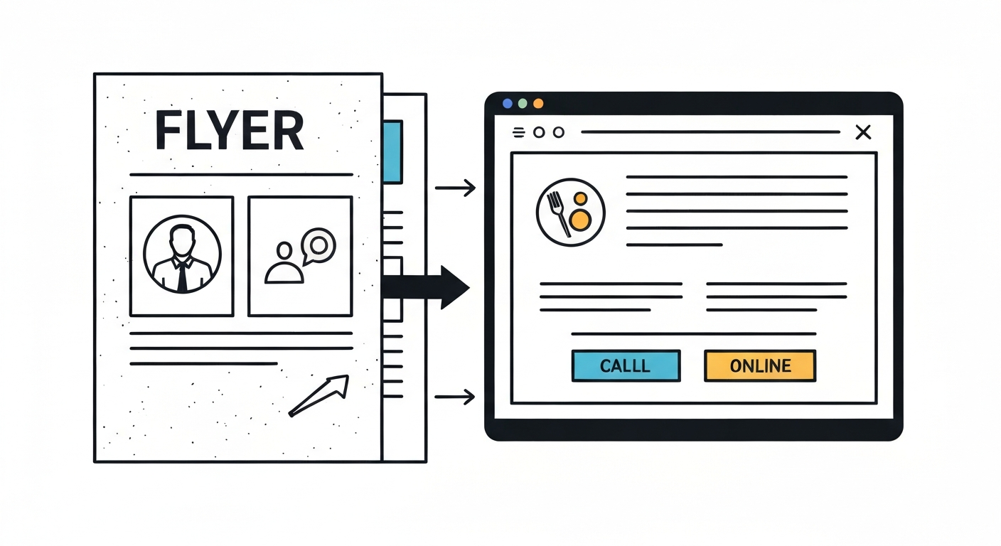 チラシとウェブサイトのイラスト。オフラインとオンラインの連携を示す