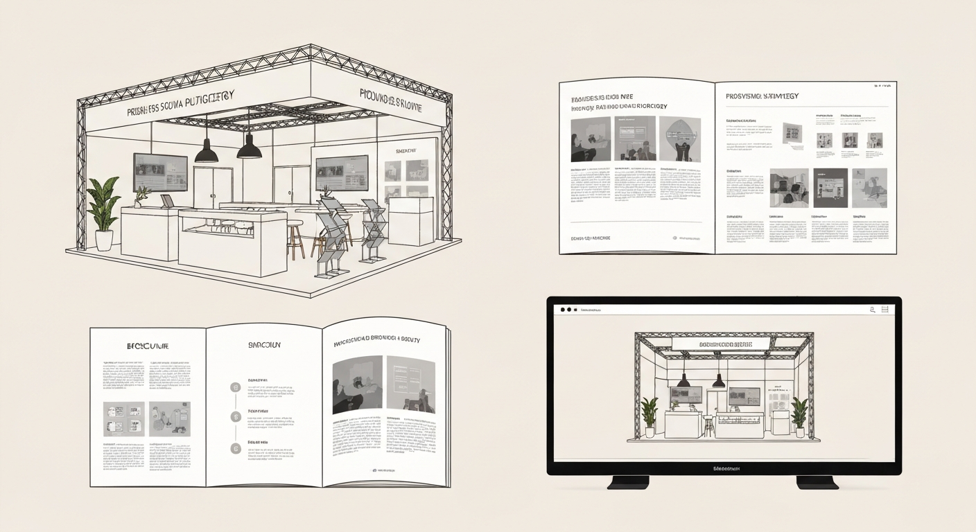 展示会ブースとパンフレット、ウェブサイトのイラスト。複合的なプロモーションを示す