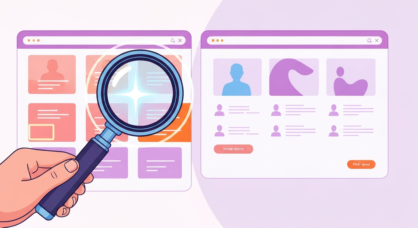 虫眼鏡でウェブサイトを調査し、改善するイラスト。ウェブサイトの分析と最適化を示す