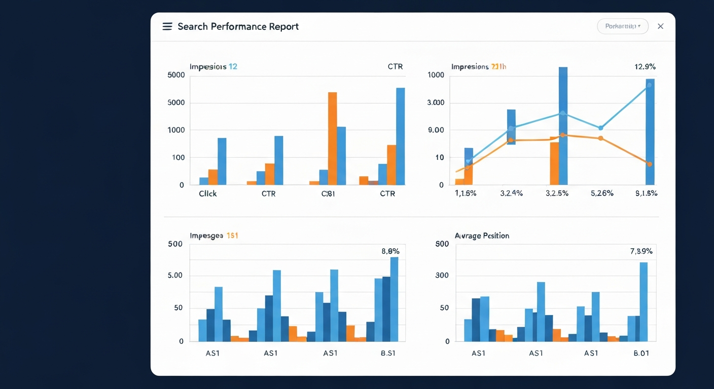 検索パフォーマンスレポートの画面。グラフでクリック数、表示回数、CTR、掲載順位が可視化されている