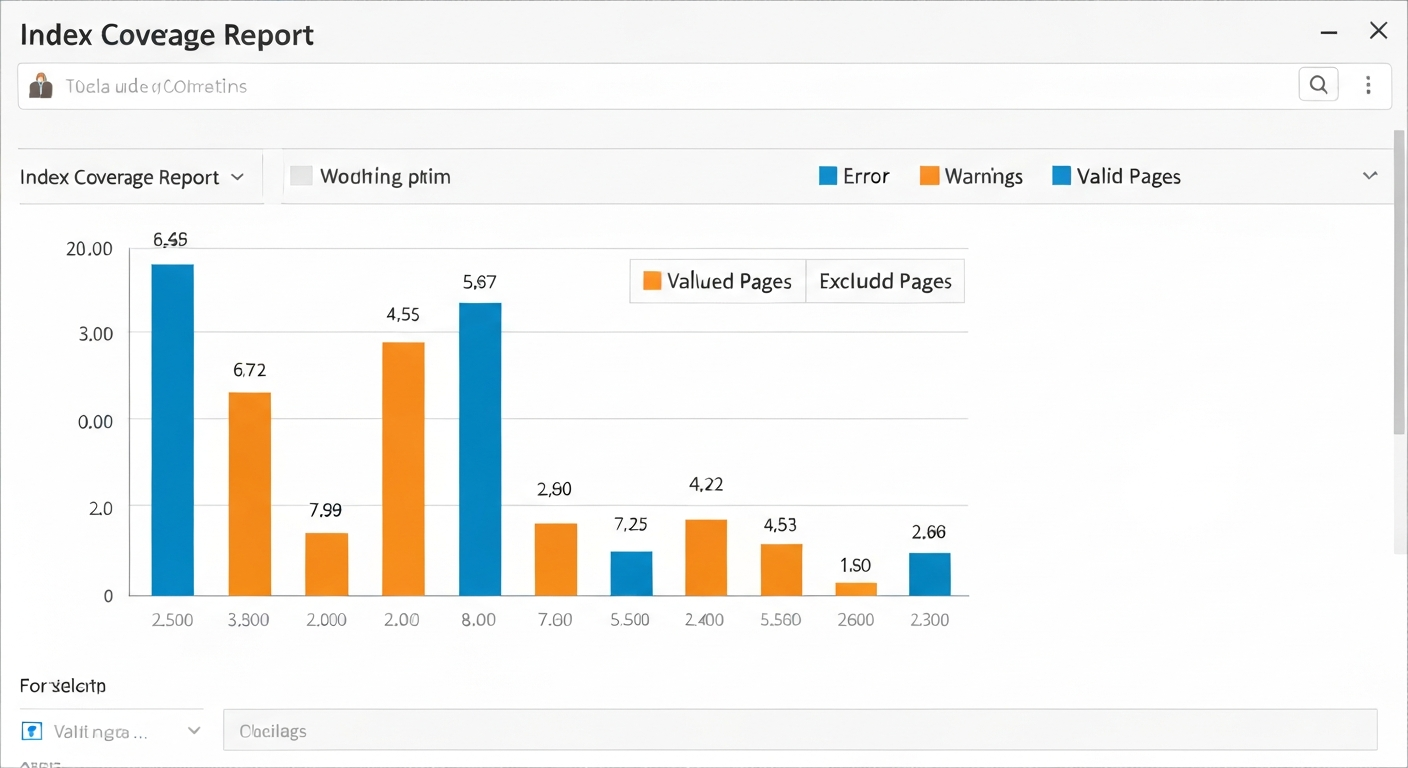 インデックスカバレッジレポートの画面。エラー、警告、有効なページ、除外されたページがグラフで表示されている