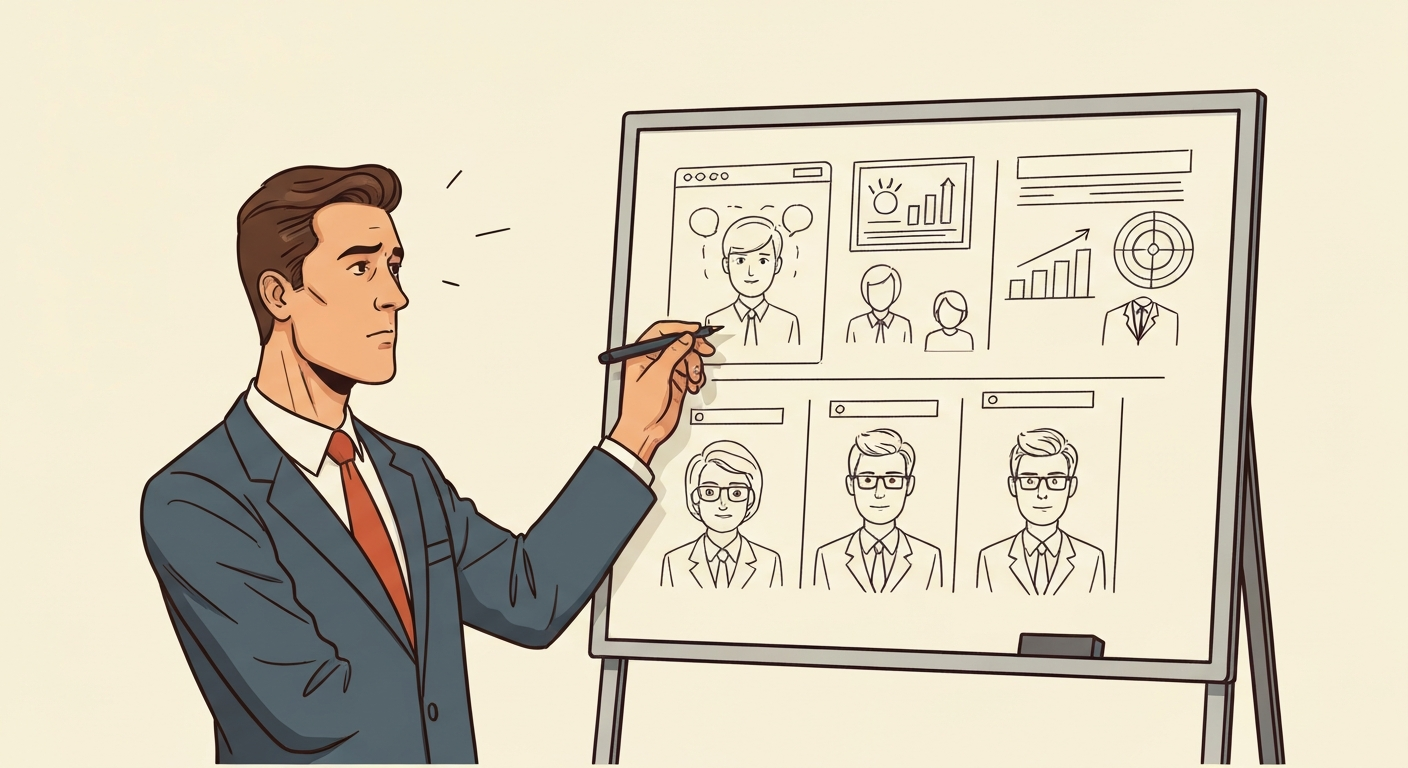 ターゲット顧客のペルソナを想定し、最適なWeb広告戦略を検討するビジネスマンのイラスト。