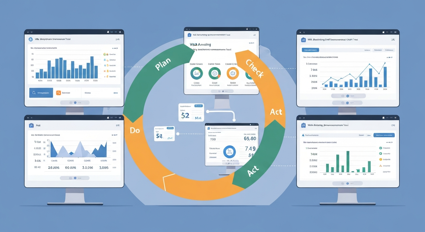 Web広告の効果測定ツールを使い、データ分析に基づいてPDCAサイクルを回すイメージ。