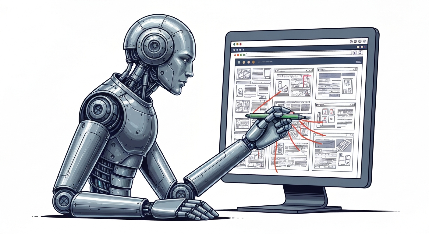 AIがウェブサイトを分析し、改善点を指摘する様子を描いたイラスト