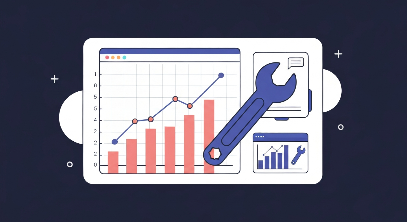 ウェブサイトを保守運用する様子を示すイラスト。グラフとスパナのアイコンが含まれている