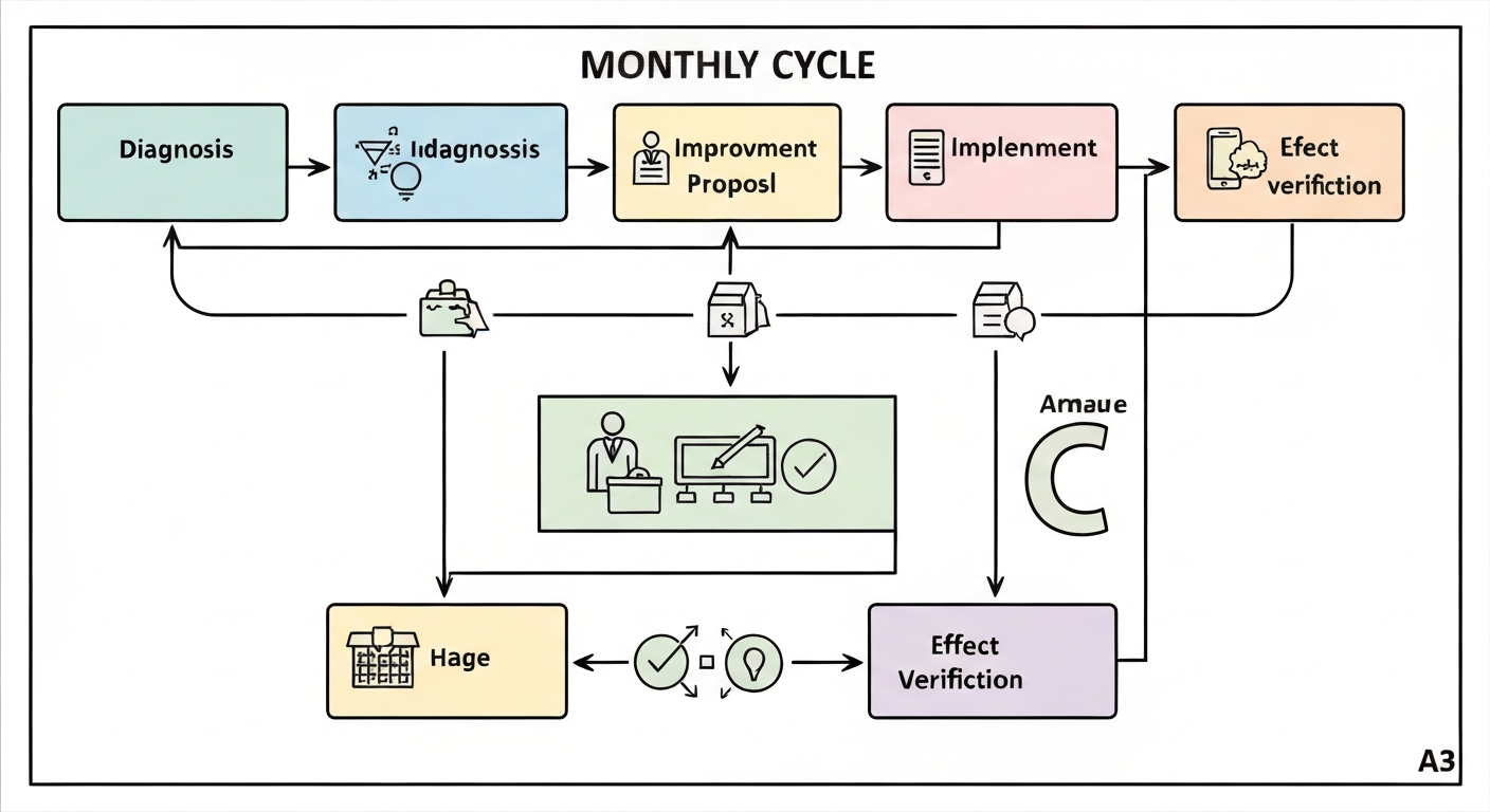 月次サイクル（診断、改善提案、実装、効果検証）のフローチャート