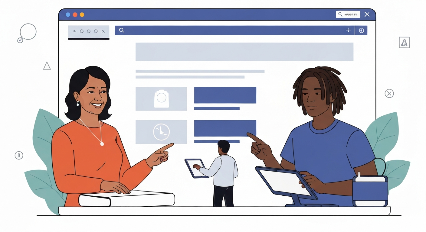 様々な人がWebサイトを利用している様子を描いたイラスト。