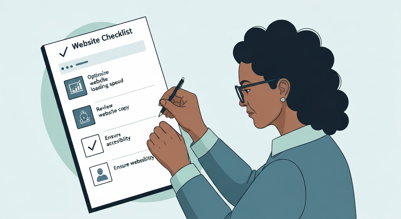 チェックリストにチェックを入れる人のイラスト。準備万端な様子