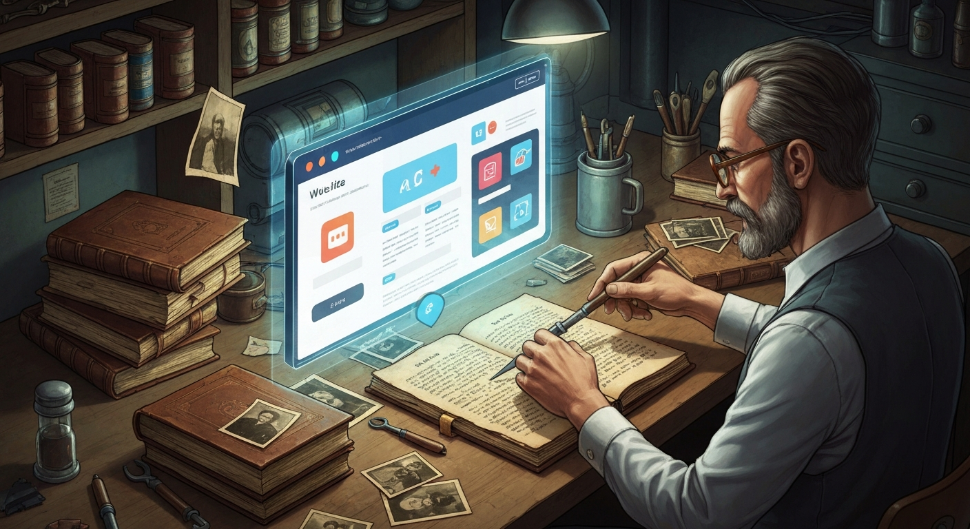 古い書類から新しいファイルに情報を転記する人のイラスト。コンテンツ移行のイメージ