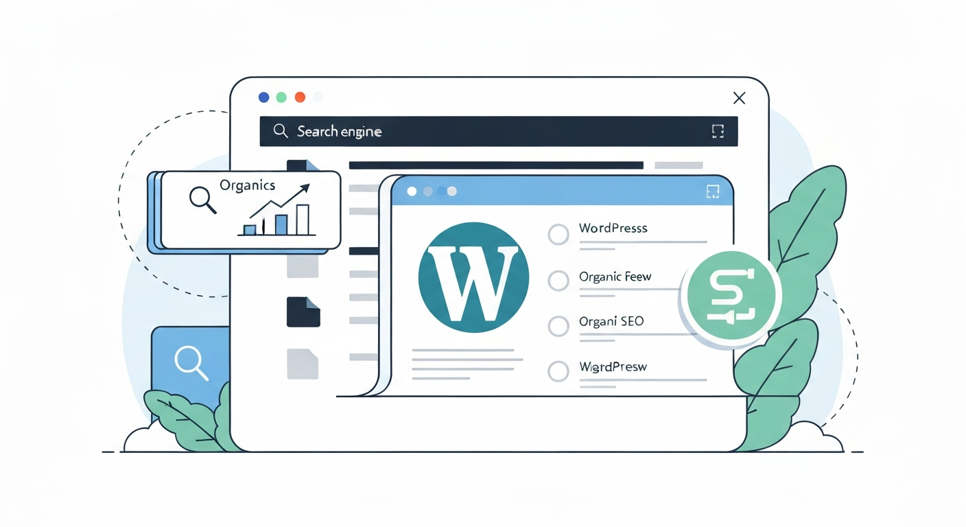 SEO対策におけるWordPressの重要性を示すイメージ。検索エンジンのアイコンとWordPressのロゴが組み合わさっている