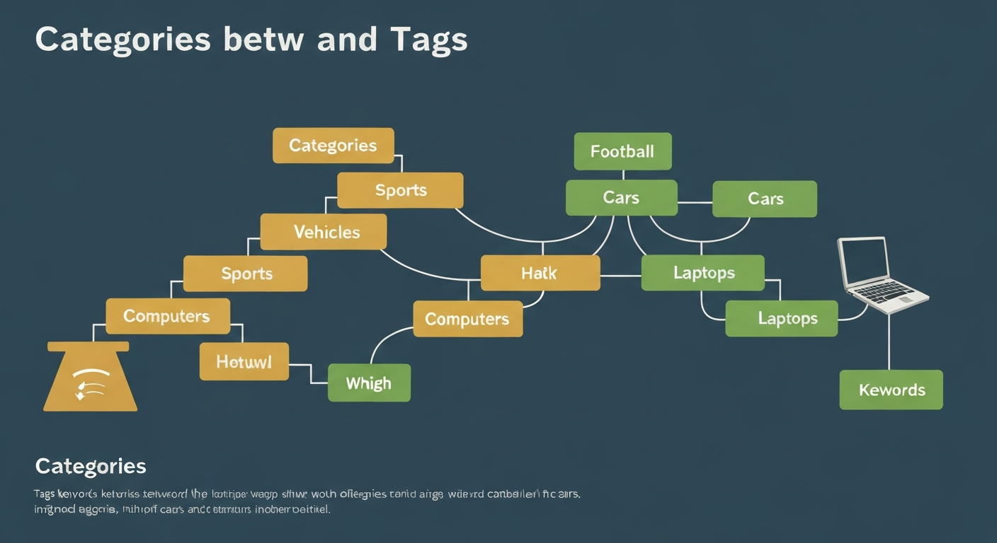 カテゴリとタグの使い分けを説明するインフォグラフィック。カテゴリはツリー構造、タグはキーワードとして表現