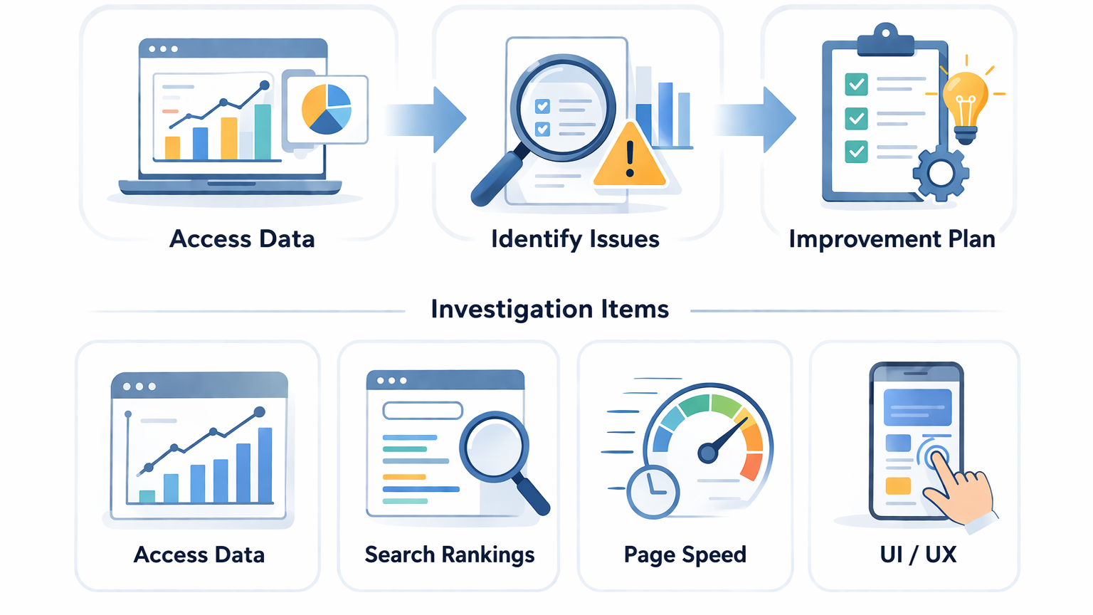 アクセスデータ→課題特定→改善方針のフロー図と調査項目4つ（アクセスデータ/検索順位/表示速度/UI）のアイコン付き図