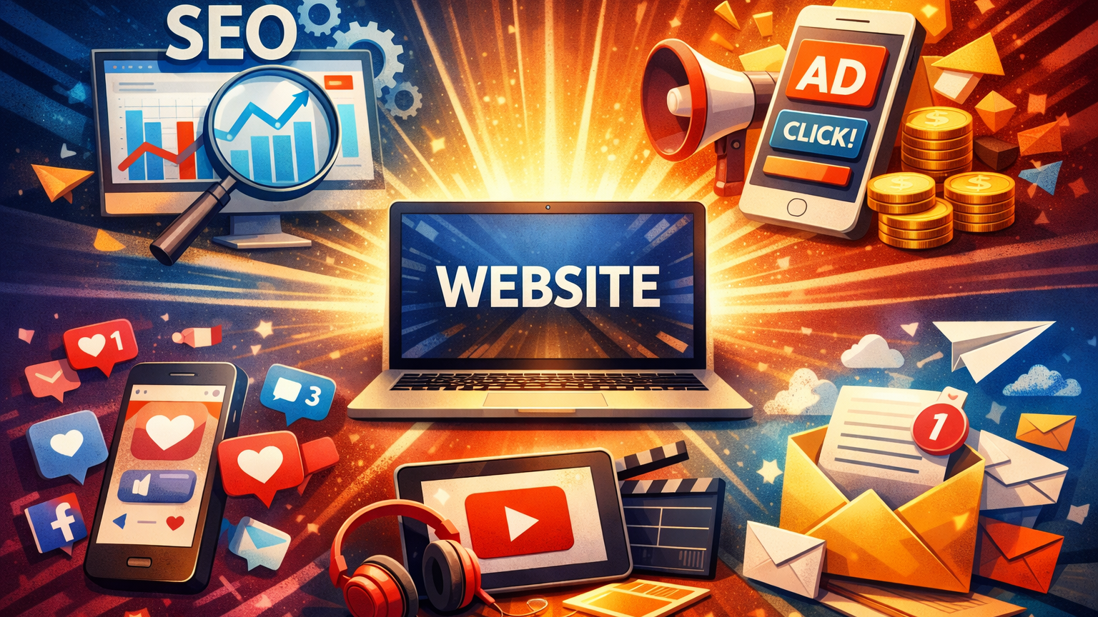 ホームページ集客チャネルの全体像を示す図解。SEO、リスティング広告、SNS、メールマーケティング、紹介・口コミ