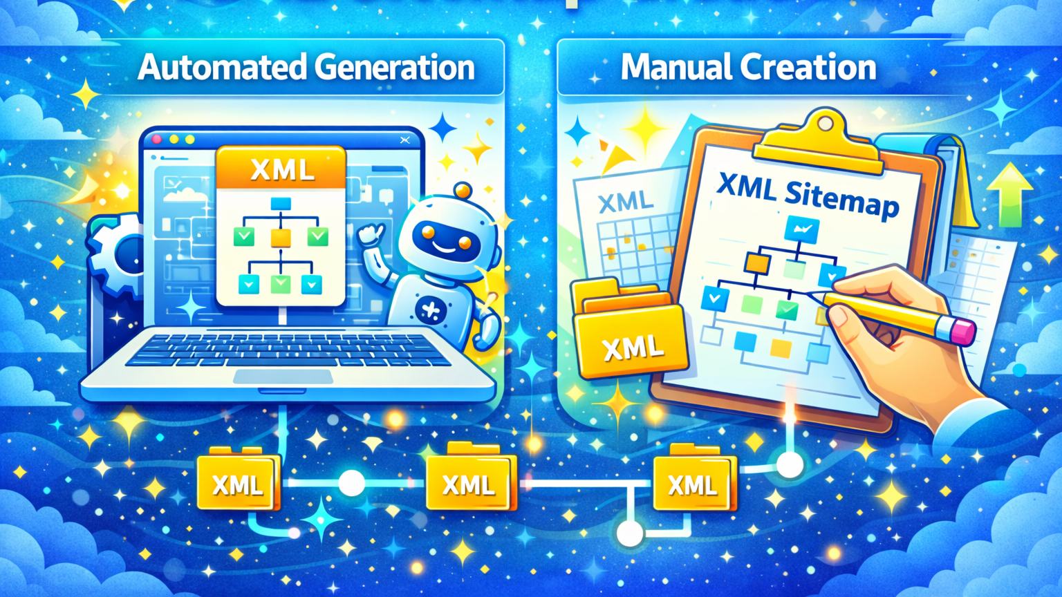 XMLサイトマップ 自動と手動作成のイラスト