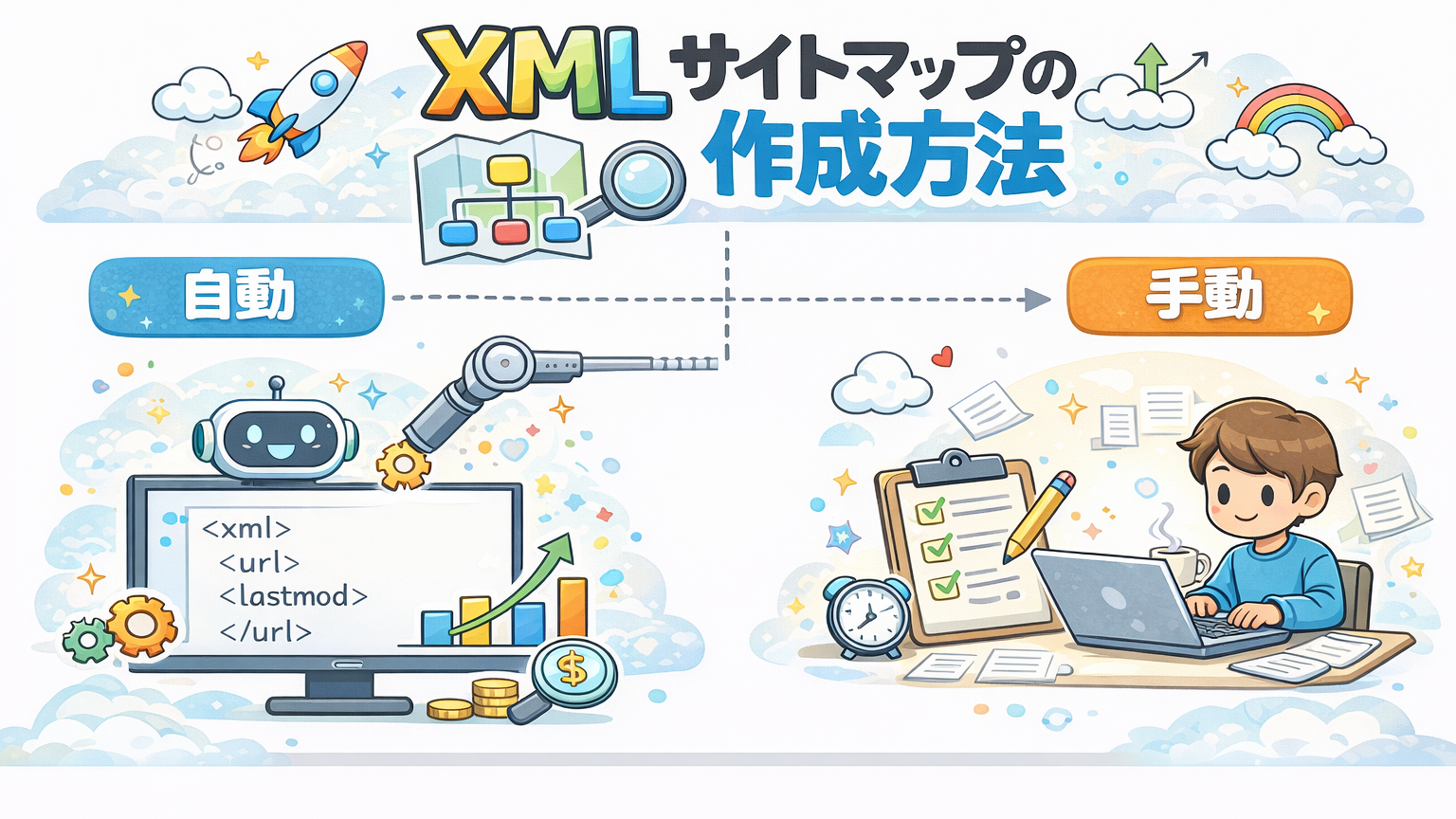 XMLサイトマップを自動・手動でそれぞれ作るイメージ