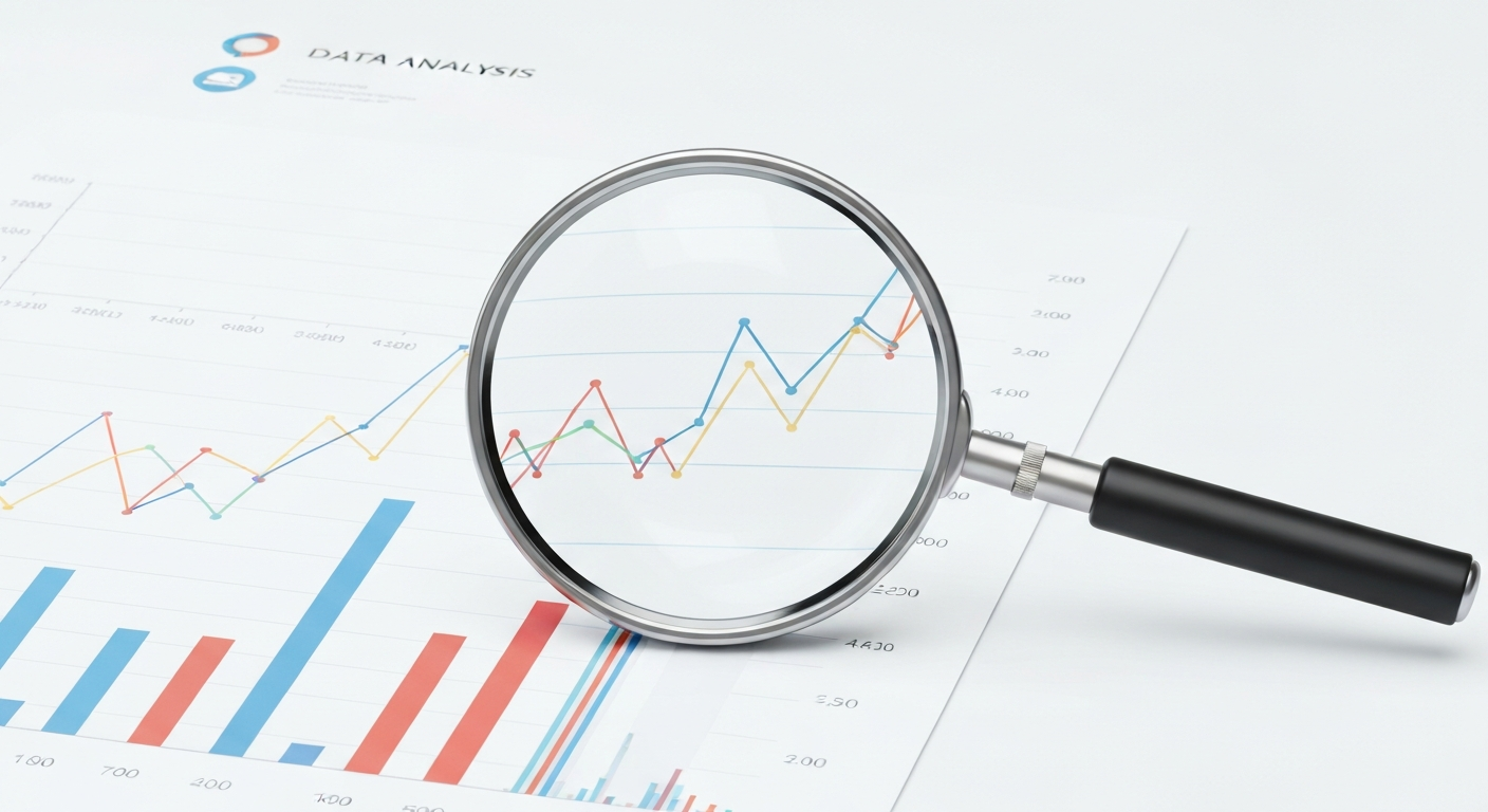 虫眼鏡でグラフを拡大して分析しているイラスト。