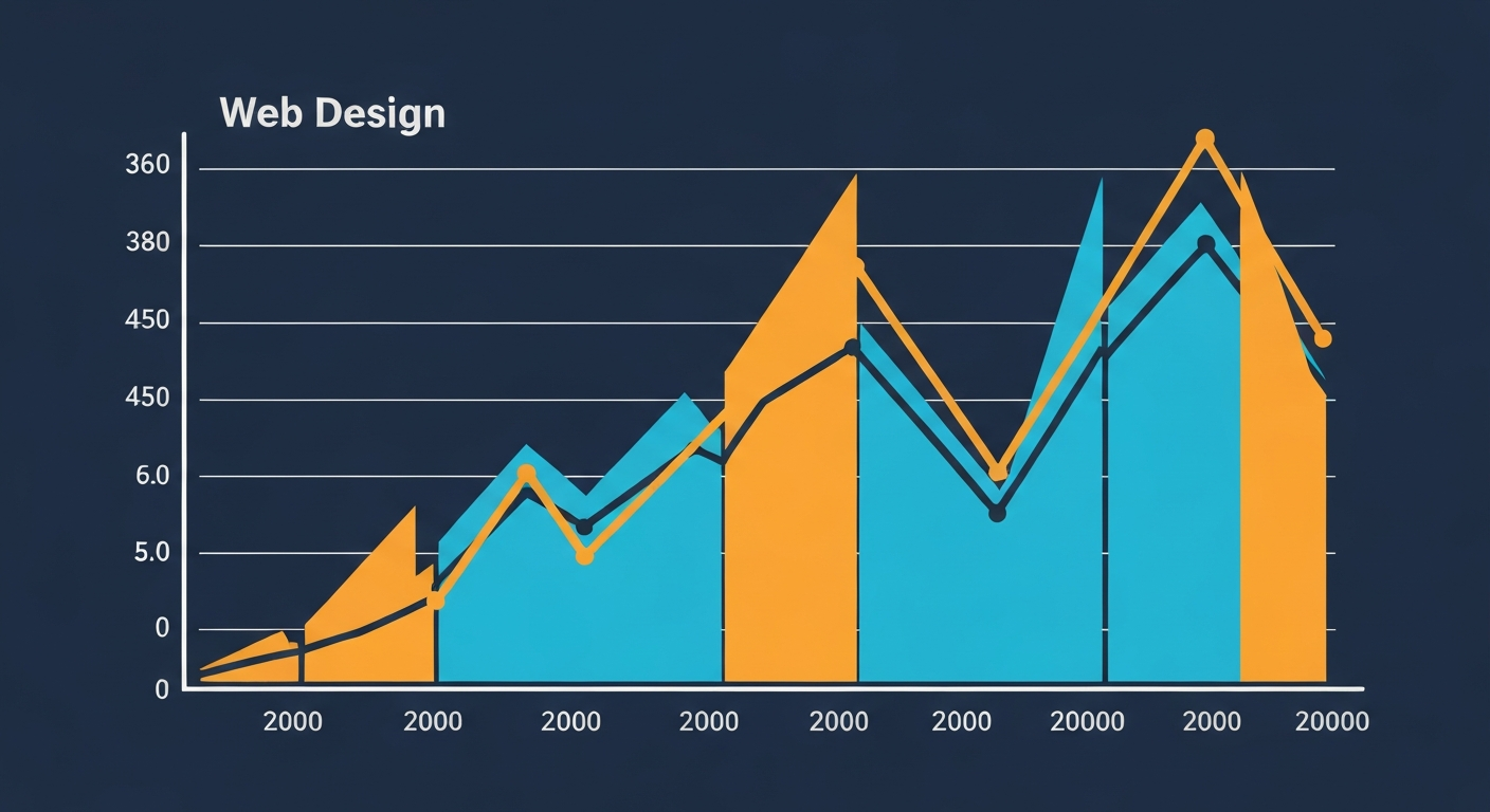 Webサイト制作の価格競争を表すグラフのイラスト。右肩下がりで価格が下落している様子が描かれている。